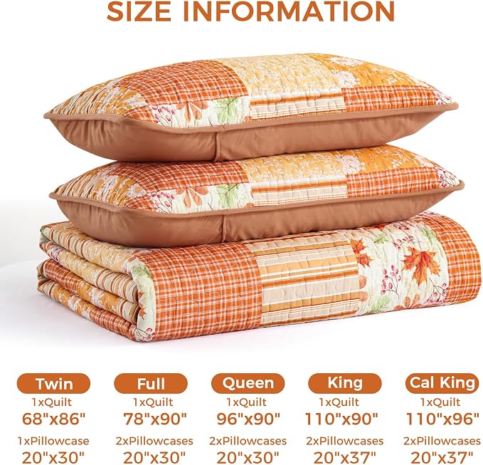 Mybedsoul Orange Boho Quilts Queen Size, Patchwork Floral Fall Bedding Set | Soft Lightweight Microfiber Floral Coverlet Set, 3 Pieces Plaid Floral Bedspread, Bed Sets for All Seasons 90"x96"