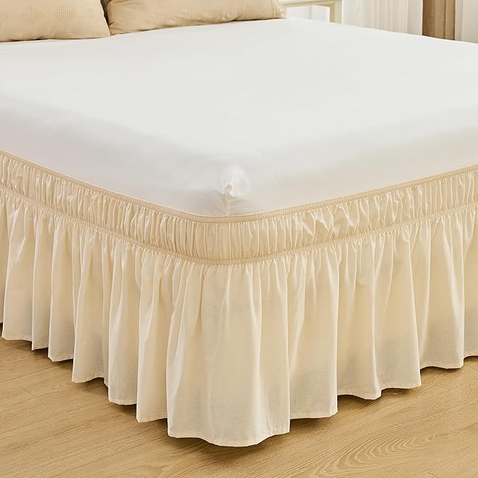 BISELINA Wrap Around Bed Skirts 17" Drop, Cotton Adjustable Elastic Dust Ruffles Easy Fit Wrinkle & Fade Resistant Soft Cozy Elegant Luxurious Bedding - Beige, King Size