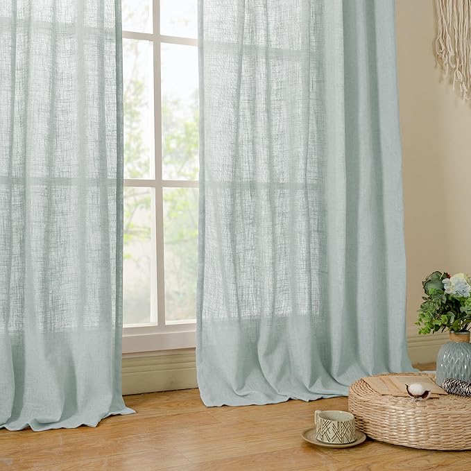 Faux Linen Curtains 63 inches Long for Bedroom, 52 x 63 Inch | Light Filtering, Neutral Semi Sheer Curtains, Small Window, Farmhouse, Rod Pocket Back Tab, 2 Panels, Greyish Blue