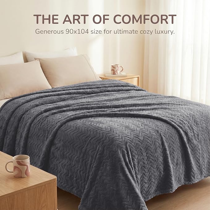 Exclusivo Mezcla Soft Fleece Blanket Queen Size for Bed, Sofa, Dark Grey | 90"x90" Breathable Lightweight Flannel Blanket for Summer, Plush Cozy Jacquard Wave for Home Decor