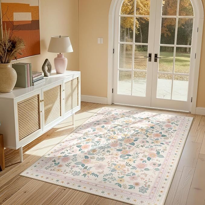 Washable Floral Area Rug for Living Room 3x5 Light Beige | Non-Slip，Vacuum-Friendly, Low Pile, Flower Carpet for Bedroom Kitchen Entryway Dining Room Office Nursery
