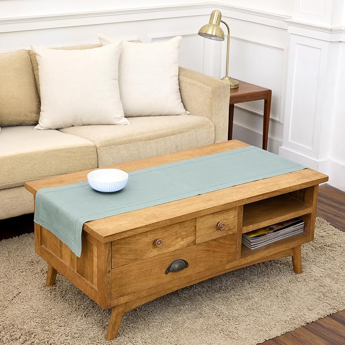 Solino Home 100% Pure Linen Table Runner Aqua Blue Hemstitch, 14 x 60 in | Classic Hemstitch, a graceful centrepiece for dining and gatherings, hemstitched border, mitered corners, OEKO-TEX Certified