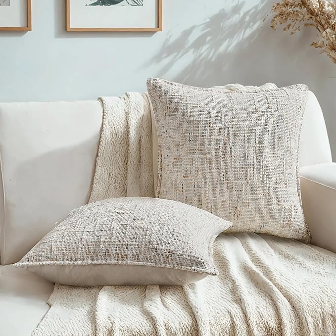 HAUSSY Pack of 2 Chenille Tweed Throw Pillow Covers 22x22 Inch, Cream