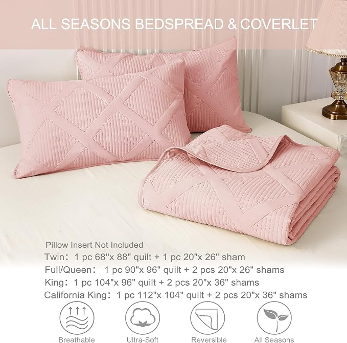 Exclusivo Mezcla California King Size Quilt, Blush Pink | Soft Bedspreads with 2 Pillow Shams, Modern Striped Pattern, Lightweight Bedding Set Coverlets for All Seasons, 112x104 Inch