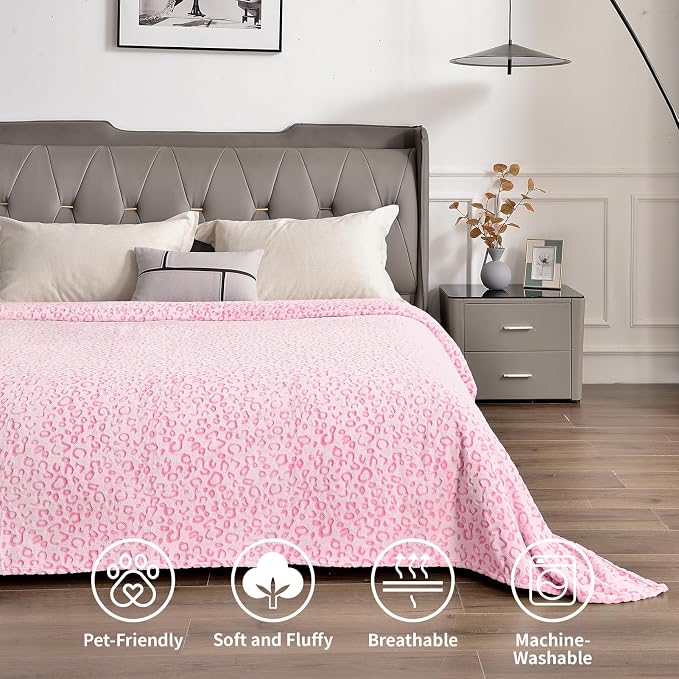 PLEASANT BOULEVARD | Leopard Throw Blanket Fleece, Premium Lightweight Cozy Warm Plush Microfiber Pink Blanket for Couch Sofa and Bed (Pink, King (108 x 90 inches))