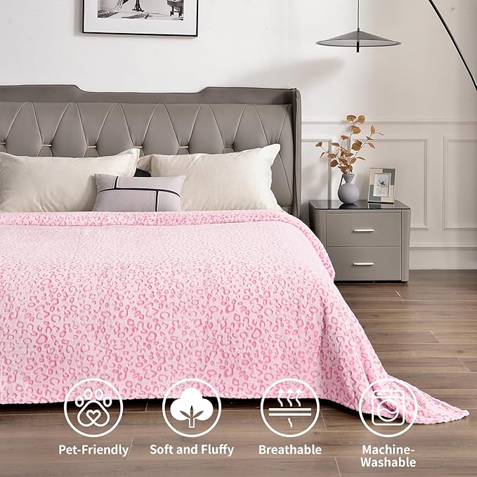 PLEASANT BOULEVARD | Leopard Throw Blanket Fleece, Premium Lightweight Cozy Warm Plush Microfiber Pink Blanket for Couch Sofa and Bed (Pink, Queen (90 x 90 inches))