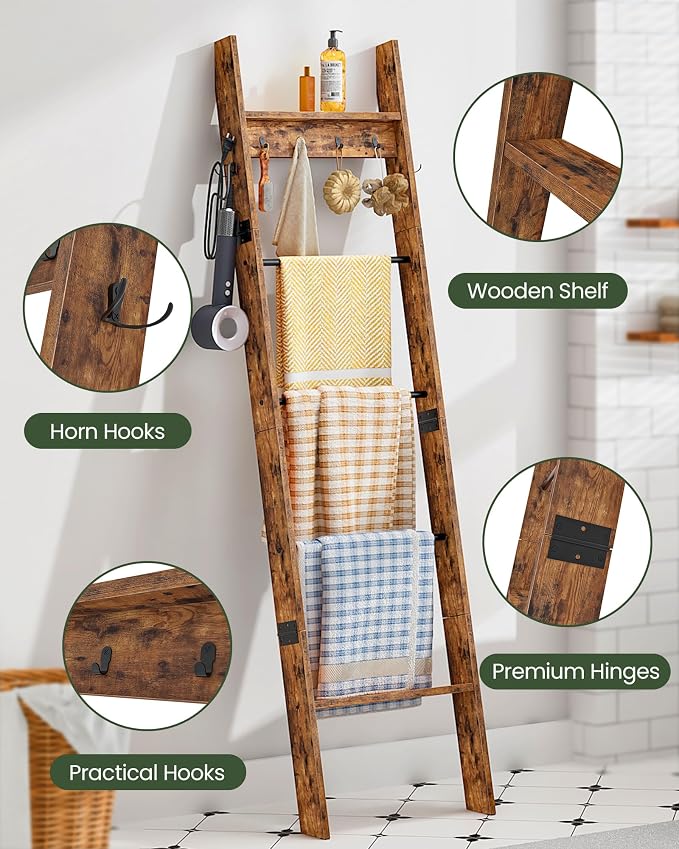 CHOEZON 5-Tier Blanket Ladder, Wooden Blanket Display Rack, Towel Ladder with Hooks, Wall Leaning Display Shelf, for Living Room, Bedroom, Balcony, Rustic Brown and Black MCJ02FG