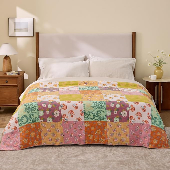 RILIHO 100% Cotton Boho Throw Blanket for Home Decor – Classic Farmhouse Quilt Bedding, Muslin Blankets for Adults, Vintage Woven Decorative Blanket for Couch, Bed Layering Use, Patchwork, 60"x80"