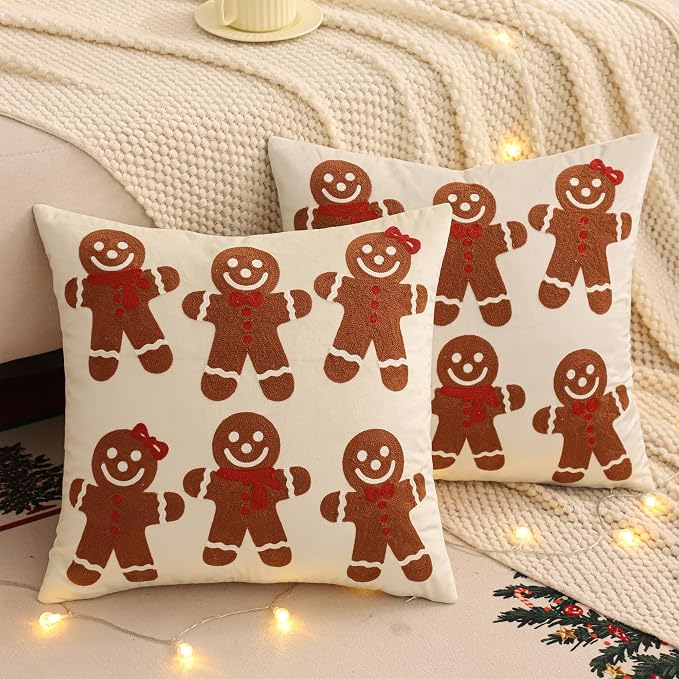Christmas Throw Pillow Covers 18x18 Set of 2 Brown Gingerbread Man
