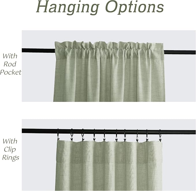 RYB HOME Linen Sheer Curtains 95 inches Long for Living Room | Breathable, Weave Textured, Rod Pocket, Semi Sheer, Sage Green, for Dining Room, W52 x L95, 2 Panels Set