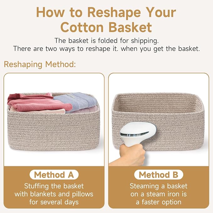 3 Pack Storage Baskets for Organizing, 13.7×9.5×6.3", Light Blue | Woven Baskets for Shelves, Cotton Rope Basket for Gifts Empty, Closet Organizer Bins with Handles, Cube Decorative Box