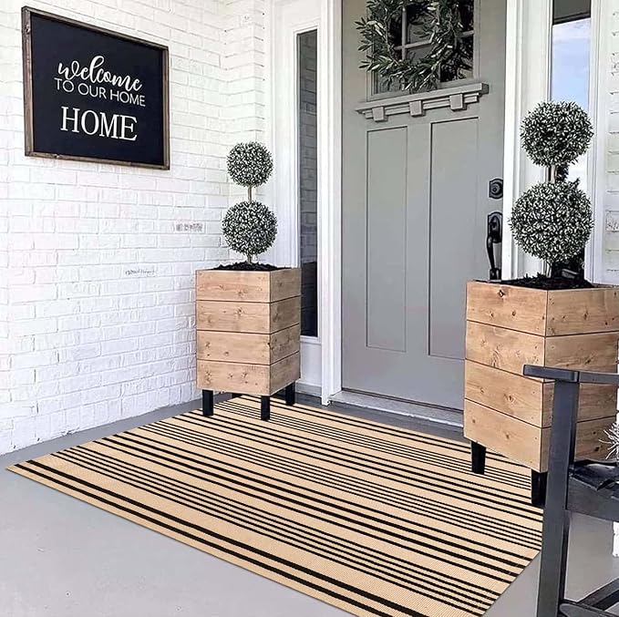 BUAGETUP Outdoor Rug 3'x 5',Tan Striped Washable Area Rug Hand-Woven Cotton Rug Indoor/Outdoor Area Rug Floor Mat for Farmhouse Living Room Bedroom