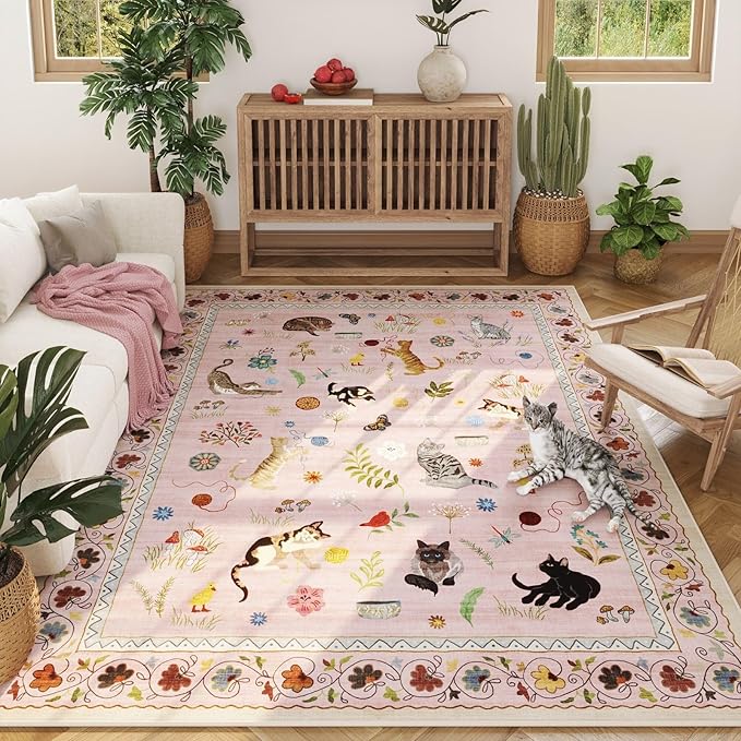 Rugcomf Area Rug 4x6 Rug Washable Boho Rugs Non Slip Low Pile Floral Animal Cat Small Carpet for Bedroom Bedside Kids Room Office Dining Room, Pink