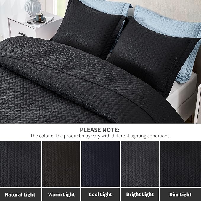 Maple&Stone Black Quilt Set King Size, Lightweight Bedspread | Breathable Coverlet with Chevron Pattern, All-Season Dorm Bed Cover Set Bedding Decor 3 Piece