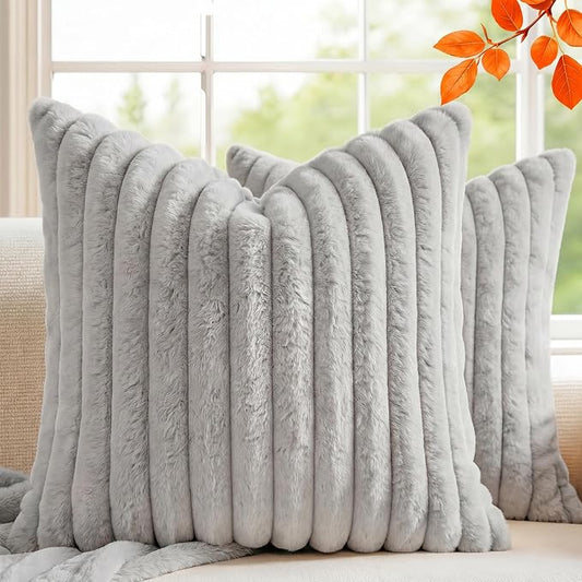Pack of 2 Throw Pillow Covers 20x20 Decorative Solid Plush Faux Fur with Soft Velvet Back, Square Striped Cushion Cases Modern Farmhouse Home Decor for Living Room Couch Sofa Bed Neutral Gray