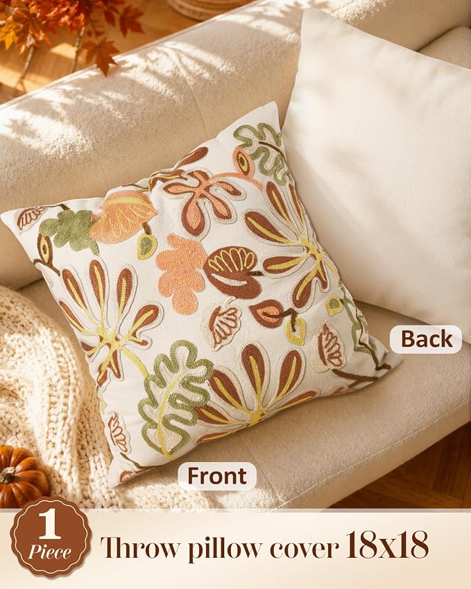 Fall Embroidered Throw Pillow Cover 18x18 Inch, Abstract Floral | Decorative Pillow Cover, Abstract Floral Cushion Case with Hidden Zipper, Autumn Decor for Couch, Sofa, Living Room, 1 Pack