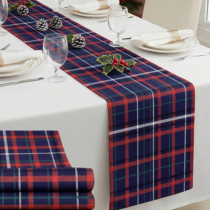 Gilprop 6 Pcs 72 x 13'' Tartan Plaid Table Runner Red and Blue | Vintage Bear Babyshower Birthday Party Dining Decor, Checkered Cloth for Home Kitchen Farmhouse, Reusable Fabric Sets