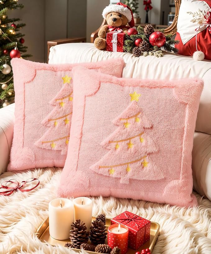 Christmas Pillow Covers Set of 2 Soft Plush Faux Fur Pillow Cases 3D Embroidered Decorative Couch Cover Home Decor Christmas Throw Pillow Covers 18x18,Pink Christmas Tree