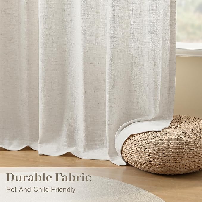 Pinch Pleated Sheer Curtains 84 Inches Linen Blend Drapes Light Filtering | Living Room, Semi Sheer, Pinch Pleat, Hook Rings, Non See Through, Memory Shape, Privacy, Beige White, W40xL84, 2 Panels