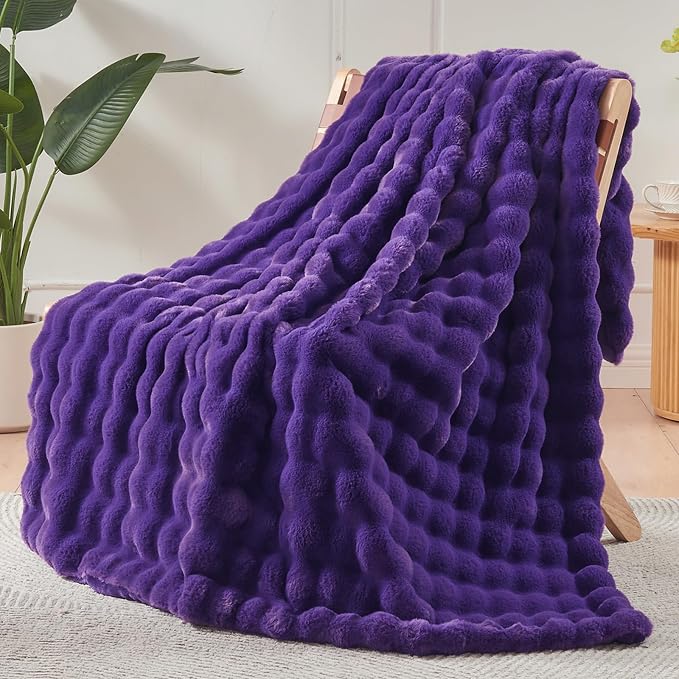 NEWCOSPLAY Faux Fur Fluffy Bubble Twin Blanket for Couch, Purple, 60"x80" | Soft Thick Warm Bubble Blanket for Couch Sofa Bed 550GSM, Plush Cozy Luxury Decorative Throw, Gift for Women Men