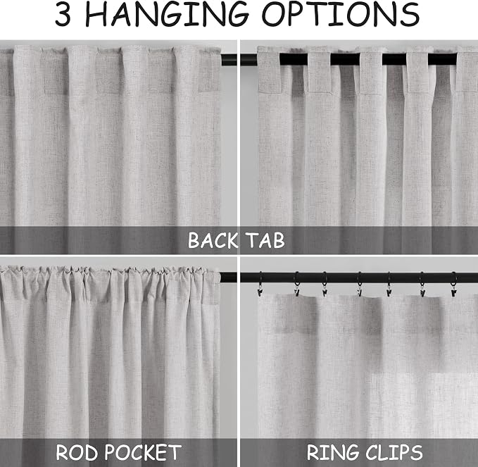 Grey Linen Back Tab Curtains 84 Inch Length for Living Room 2 Panel Set Neutral Modern Farmhouse Window Privacy Semi Sheer Linen Drapes Rustic Pinch Pleated Look Curtain 52x84