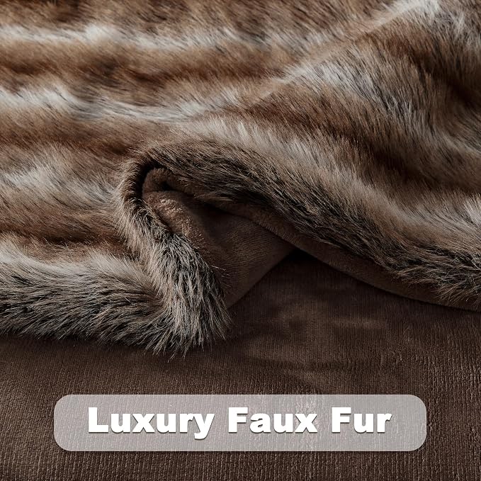 NEWCOSPLAY Faux Fur Thick Throw Blanket for Couch,Stripe Dark Brown,50"x60" | Luxury Fluffy Thick Warm Blanket for Couch Sofa Bed 1000GSM, Soft Plush Cozy Decorative Throw, Gift for Women Men