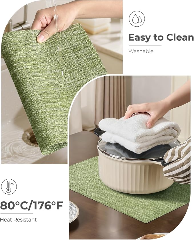 Leetaltree Bean Green Woven Placemats Set of 24 - Heat Resistant Non-Slip Place Mats for Dining Table, Washable Durable PVC Table Mats(Bean Green, 24)