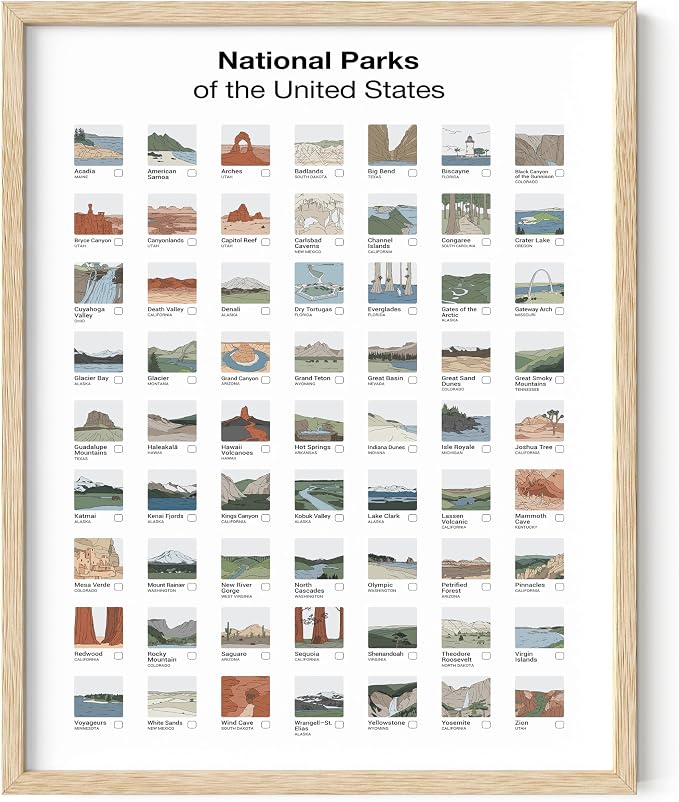 HAUS AND HUES National Parks Checklist Poster - 63 Illustrated Park Thumbnails Art Print - Vintage Style Print for Travelers, Nature Lovers, and Adventure Enthusiasts (Beige Framed, 11x14)