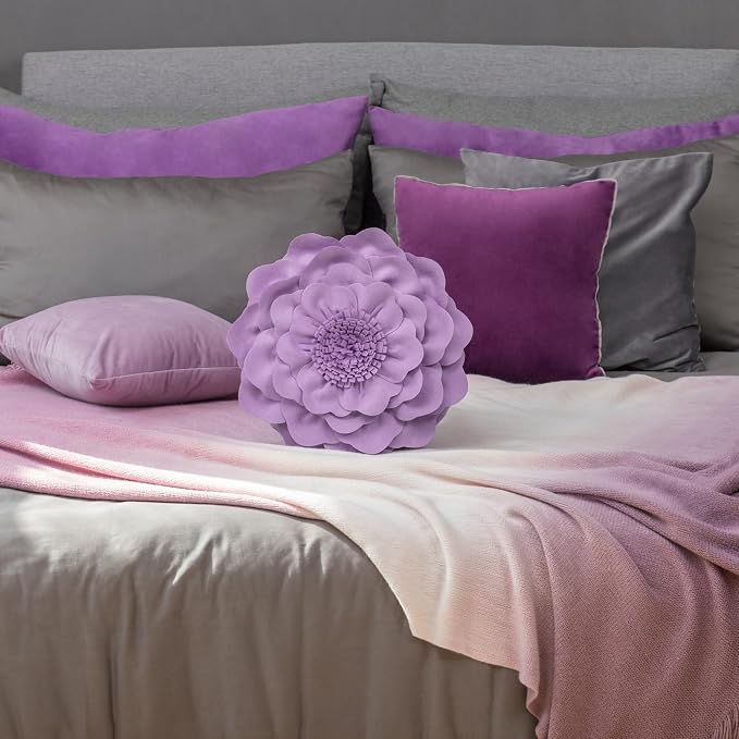 JWH 3D Flower Throw Pillow Cover Decorative Floral Shaped Cushion Round Pillowcase for Bedroom Bed Couch Living Room 14 Inch Light Purple