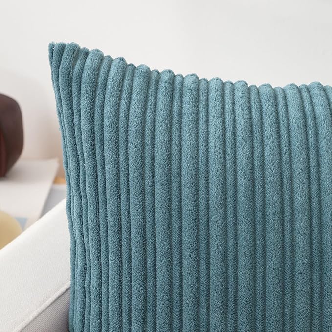 Kevin Textile Striped Corduroy 18”x18” Pillow Covers 2 Pack, Blue Grey