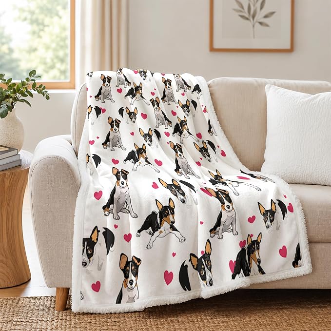 BlessLiving Throw Blanket, White Black Dog Pink Animal, 60x80 in | sherpa fleece fabric, Rat Terrier Dense Pet Blankets Puppy print, for couch or sofa, pet lovers, easy machine care