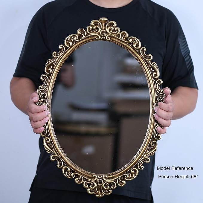 OIGUMR Medium Oval Wall Mirror Resin Frame Size：20.4 x 14.5 inch | Vintage Hanging Mirrors for Bedroom Living-Room Dresser Decor Gold