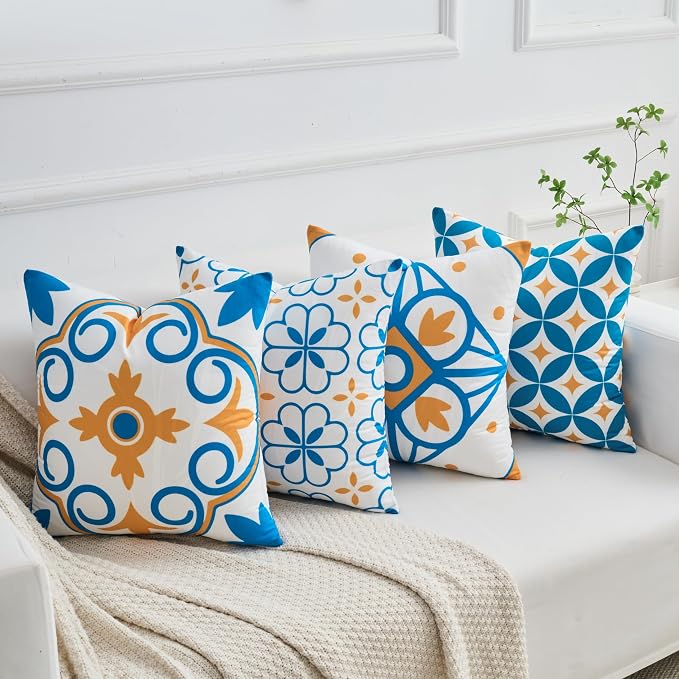 Set of 4 Boho Throw Pillow Covers 18x18 Inch, Blue Orange Pattern Decorative Pillow Case Soft Square Velvet Cushion Covers for Couch, Sofa, Living Room, Bedroom, Patio, Porch, Outdoor Home Décor