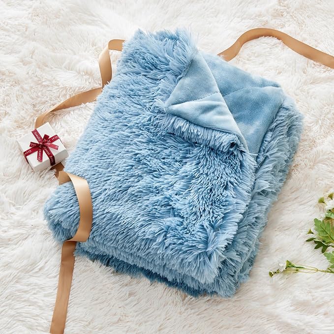 GONAAP Fuzzy Faux Fur Throw Blanket for Couch, Light Blue, 50"x60" | Warm Cozy Plush Shaggy Decorative Reversible Thick Non-Heated Fleece Blanket for Sofa Bed, Gift for Women Men, All Season Use