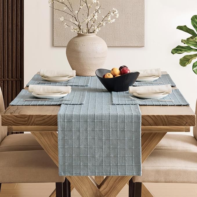 ZeeMart Artisanal Grid Linen Table Runner, 13x36 Inches Chambray | Heavy Textured, Durable Thick Fabric, Farmhouse Handwoven Feel Linen Runner, Easy Care Table Decor for Kitchen Dining Room