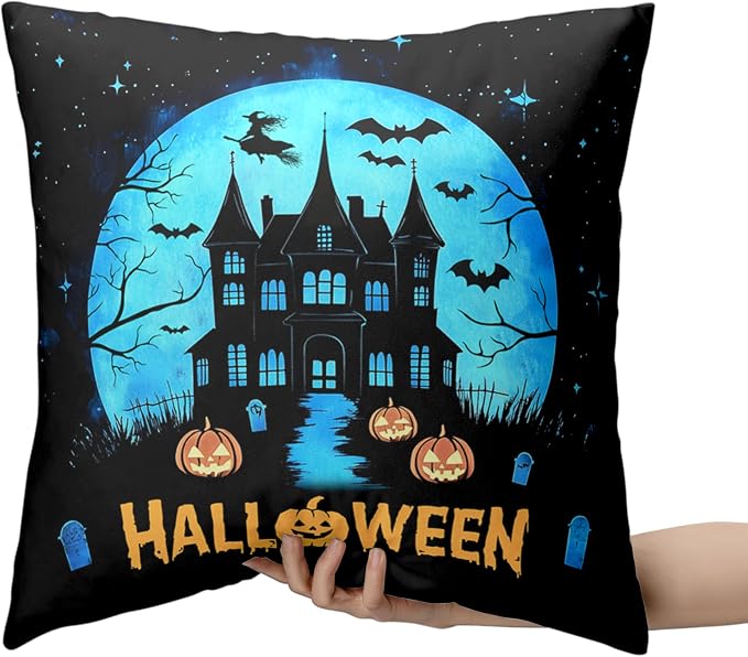 Halloween Pillow Covers 16x16 Set of 2 Witch Castle Throw Pillow Covers Horror Full Moon Night Pillow Case Bat Ghost Pumpkin Cushion Case for Holiday Party Home Decor Couch Sofa