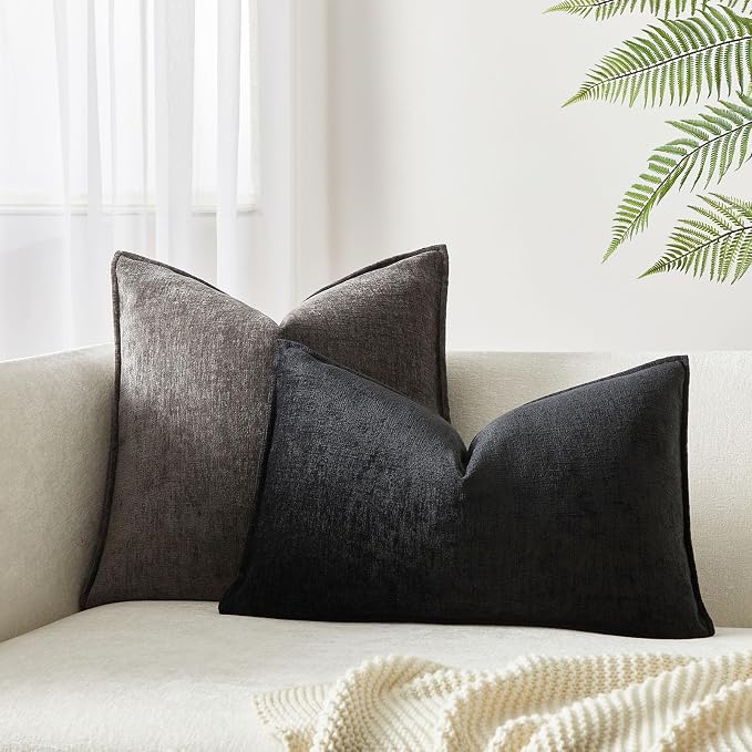 JUSPURBET 12x20 Chenille Lumbar Throw Pillow Covers Set of 2,Black | Decorative Cozy Soft Cushion Covers Case with Hidden Zipper for Couch Sofa Bed Home Decor Living Room