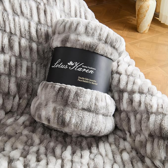Lotus Karen Faux Fur Throw Blanket, 900 GSM Dual-Sided Soft Ruched Twin Blanket for Couch, Fluffy Cozy Fuzzy Plush Throw Gifts for Women Man Bedroom Living Room (Tie-Dye Dark Gray, 60"x80")