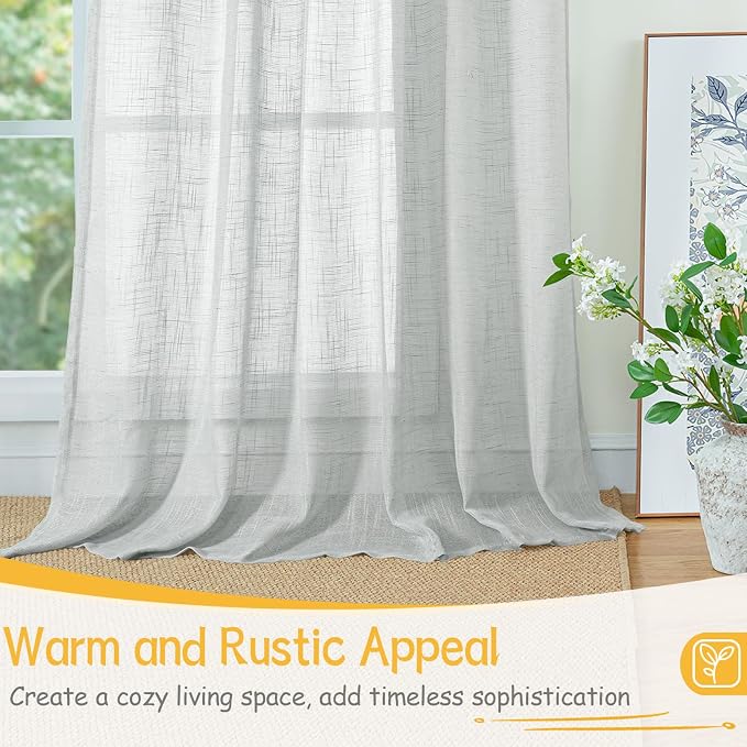 YoungsTex Light Grey Linen Curtains 63 Inch Length for Living Room, Semi Sheer Window Drapes Textured Light Filtering with Rod Pocket Back Tab for Bedroom, 2 Panels, 52 X 63 Inch
