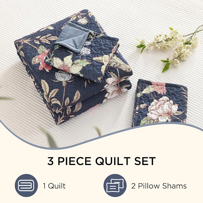 Litanika Floral Ocean Blue Quilt - 3Pcs Botanical Birds Bedding Set | California King Bedspread Summer Lightweight Soft Coverlet with Pink Flower for All Seasons (112"x104")