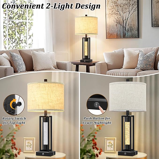TOBUSA 26" Black Farmhouse Table Lamps Set of 2 with Crystal Night Light