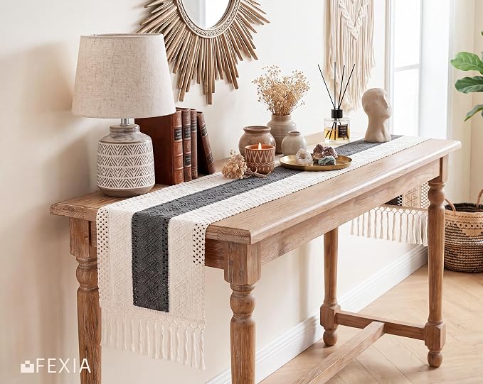 FEXIA Boho Table Runner with Tassels for Home Decor 12x72 Inches Grey | 72 Inches Long Modern Farmhouse Rustic Burlap Table Decoration for Bedroom Living Dining Room Baby Shower Autumn Decor
