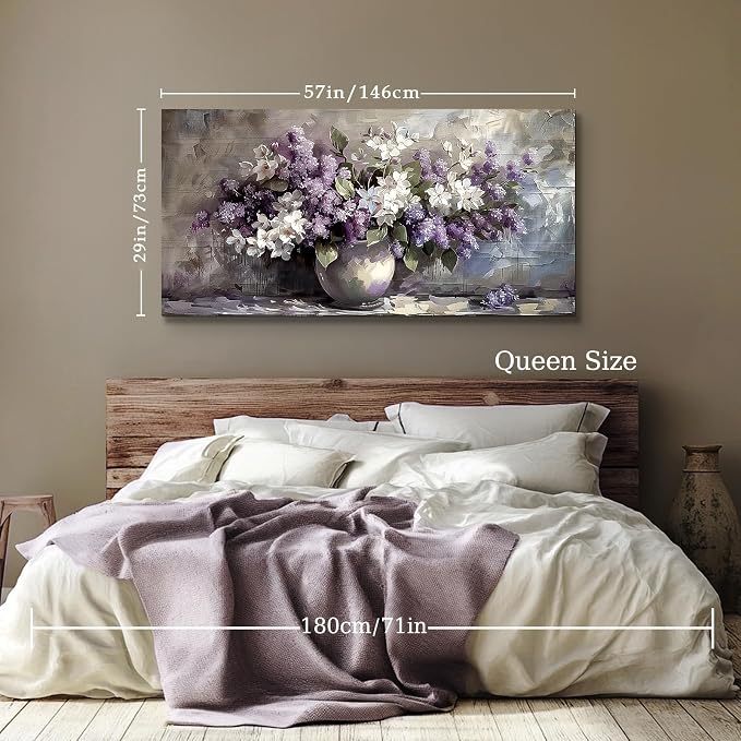 SERIMINO Large Still Life Wall Art, Purple Floral Canvas Painting 29"X57" | Extra Large Purple Floral Botanical Wall Decor, Living Room Kitchen Office Decor, Gallery Wrapped, Fade-resistant Inks