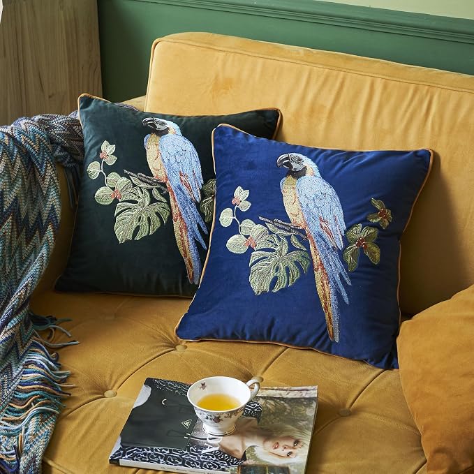 Luxury Embroidery Parrot Throw Pillowcase Gold Embroidered Velvet Cloth Cushion Cover Decorative Animal Bird Print Parrot Pillow Cover for Preppy Stuff Room 1PCS (Color-3)