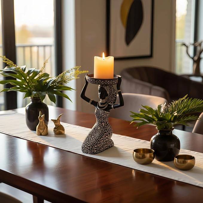 African Lady Figurine Candle Holder with African Tribal Totem for Wedding, Holiday Decor-African Decorative Women Statues, Candlestick Holder for Home and Table Decor(753-Brown)