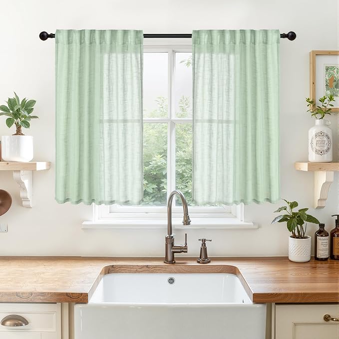 Light Green Linen Semi Sheer Curtains 40 Inch Length for Kitchen Window | Short Drapes with Rod Pocket Back Tab Textured Light Filtering for Cafe Bathroom Window Over Sink, 2 Panels, 42 X 40 Inch