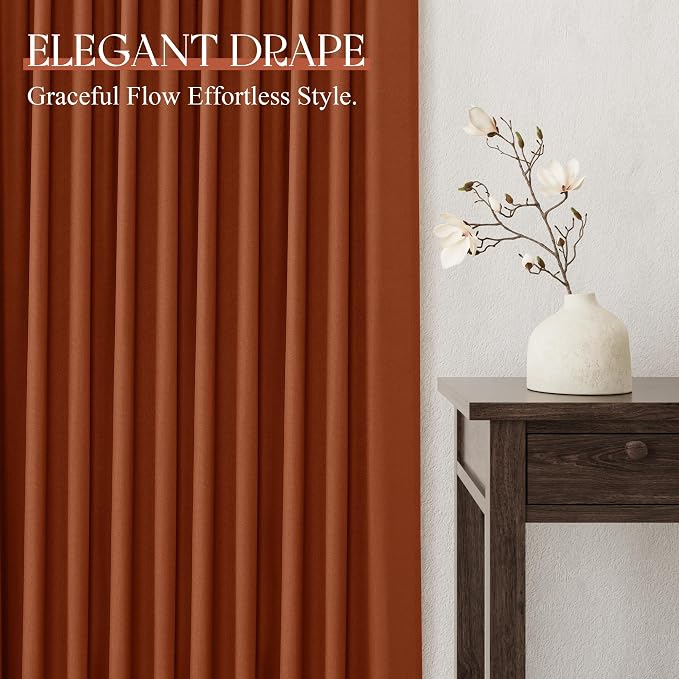 Jowels Terracotta Linen Curtains 96 Inch Long 2 Panels for Living Room | Burnt Orange Light Filtering Semi Sheer Curtain,Back Tab Pocket Pleated Look,Boho Textured Privacy Drapes for Bedroom Window