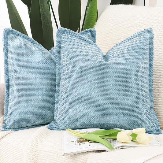 MADIZZ Decorative Chenille Velvet Throw Pillow Covers Set of 2 Soft Boho Textured Neutral Couch Throw Pillow for Bed Modern Farmhouse Home Decor for Sofa Livingroom Light Blue 20x20 Inch