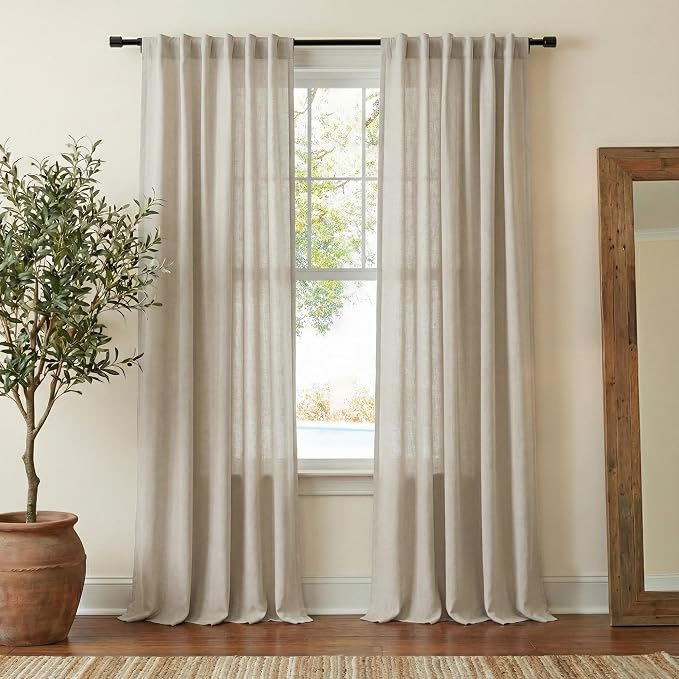 NICETOWN Semi Sheer Curtains 84 inches Long, Rod Pocket & Back Tab Linen Blend Light Filtering Window Treatments Privacy Added Drapes for Living Room, Cocoa Cream, W55 x L84, 2 Panels
