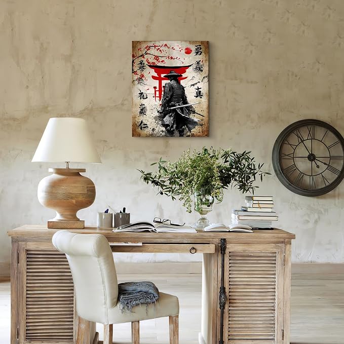 Wesluin 16"x20" Samurai Warrior Canvas – Red Torii Gate Japanese Wall Art | Stoic samurai stands beneath crimson torii gates. Timeless bushido decor. Hook included, ready to hang.